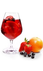 The Superfruit Sangria cocktail is a red colored drink recipe made form VeeV acai spirit, red wine, strawberry puree, cranberry juice and fresh seasonal fruit, and served over ice in a wine glass.