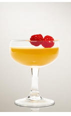 The Modern cocktail recipe is an orange colored drink made from Flor de Cana rum, Monin rose syrup, agave nectar, lime juice, apple juice and raspberries, and served in a chilled cocktail glass.