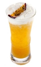 The Tropical Bronzer is an orange colored cocktail recipe made from dark rum, Luxardo amaretto, passion fruit puree, sweet and sour, bitters and coconut cream, and served over ice in a Collins glass.