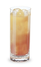 The Tropical Sunset is an orange cocktail made from Dekuyper coconut schnapps, watermelon schnapps, banana liqueur, pineapple juice and orange juice, and served over ice in a highball glass.