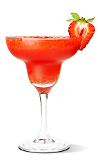 The Vacation cocktail recipe is a red colored tropical drink made from UV Coconut vodka, spiced rum, strawberries and daiquiri mix, and served blended in a chilled margarita glass.