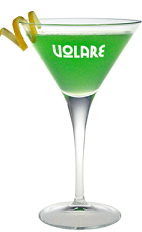 The Volare Apple Martini drink recipe is a green colored cocktail made from Volare Sour Apple liqueur, vodka, apple, lime juice and simple syrup, and served in a chilled cocktail glass garnished with a lemon twist.