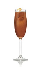 The XO Sparkler is a brown cocktail made from Patron tequila, Patron coffee liqueur and chilled champagne, and served in a chilled champagne flute.