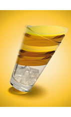 The All In drink recipe is made from Xante cognac, dark rum, peach puree, apple juice, lemon juice, sugar and club soda, and served over ice in a highball glass.