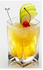 The Almond Apple Pie is an orange cocktail made from Disaronno liqueur, vodka and apple juice, and served with apple slices and a cherry over ice in a rocks glass.