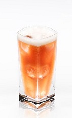 The Almond Surfer is an orange drink made from Disaronno, coconut rum, white rum, pineapple juice and cranberry juice, and served over ice in a highball glass.