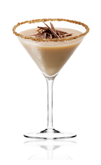 The Amarula Obsession is a brown colored cocktail made from Amarula cream liqueur, Disaronno amaretto liqueur and milk, and served in a cinnamon crusted cocktail glass.