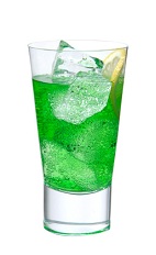 The Aqua Thunder is an exciting green drink made from Midori melon liqueur, blue curacao, banana liqueur, lemon juice and club soda, and served over ice in a highball glass.