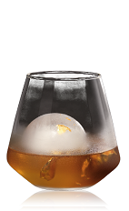 The Aurum is an orange drink made from Bacardi 8 year old rum, Noilly Ambre, bitters and water, and served over ice in a rocks glass garnished with a gold leaf.