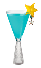 The Azure Sangria is a blue cocktail made from Hpnotiq, white wine and ginger ale, and served in a chilled cocktail glass.