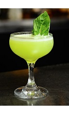 The Basil Gimlet cocktail recipe is a green colored drink made from VeeV acai spirit, basil juice and simple syrup, and served in a chilled cocktail glass.