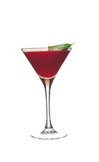 The Basil Grande is a deep red cocktail made from Grand Marnier, Chambord raspberry liqueur, strawberries, basil, vodka and cranberry juice, and served in a chilled cocktail glass.