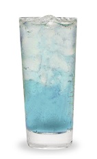 The Berry A'peeling is a blue drink made from Pucker Berry Fusion schnapps, orange vodka and lemon-lime soda, and served over ice in a highball glass.
