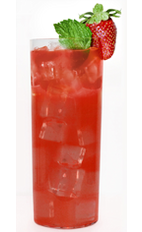 The Black Cherry Bloom is a red colored drink made from Effen black cherry vodka, blood orange juice, lime juice, agave nectar, strawberries, mint and cayenne pepper, and served over ice in a highball glass.