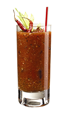 The Bloody Mary is a classic hangover cocktail made from vodka, tomato juice, lemon juice, horseradish, Worcestershire sauce, Tabasco sauce, salt, pepper and celery, and served over ice in a highball glass.