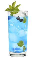 The Blue Crush is a blue colored drink made from Hpnotiq, blueberry vodka, lemonade and club soda, and served over ice in a highball glass.