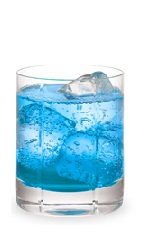 The Blues on the Rocks is a blue drink made from peach schnapps, blue curacao and club soda, and served over ice in a rocks glass.