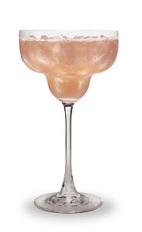The Blushing Margarita is a pink cocktail made from triple sec, tequila, lime juice and cranberry juice, and served in a margarita glass.