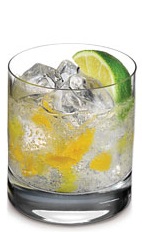 The Brazilian is a tropical-themed drink made from Ketel One Citroen vodka, lime juice, simple syrup, orange and lemon-lime soda, and served over ice in a rocks glass.