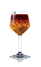 The Brazilian Sangria cocktail recipe is made from Lucid absinthe, cachaca, brandy, orange liqueur, red wine, orange, apple and lemon, and served in a chilled wine glass.