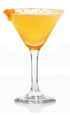 The Bumble Abeja is an orange cocktail made from Patron tequila, honey, lemon juice, orange flower water and almonds, and served in a chilled cocktail glass.