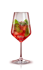 The Campari Mint Spritz is a red cocktail made from Campari, cranberry juice, mint and prosecco or champagne, and served over ice in a wine glass.