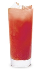 The Crantasia Crush is an orange drink made from cranberry schnapps and orange juice, and served over ice in a highball glass.