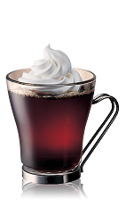 The Caribbean Coffee is a black drink made from Bacardi golden rum, hot coffee and whipped cream, and served in a coffee glass.