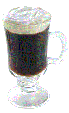 The Carolans Irish Coffee is a brown drink made from Carolans Irish cream, hot coffee and whipped cream, and served in an Irish coffee glass.
