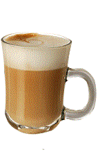 The Carolans Latte is a brown drink made from Carolans Irish cream, espresso, milk and whipped cream, and served in a coffee glass.