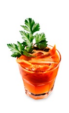 The Carrot Cilantro Caipi drink recipe is made from Boca Loca cachaca, cilantro, carrot juice, lime juice, simple syrup and bitters, and served over ice in a rocks glass.