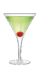 The Cherry Apple Martini cocktail recipe is a green colored drink made from Three Olives cherry vodka, Apple Pucker schnapps and lime juice, and served in a chilled cocktail glass.