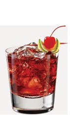 The Cherry Twist drink recipe is made from Burnett's cherry cola vodka, cranberry juice and lime juice, and served over ice in a rocks glass.
