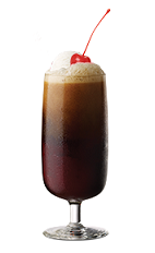 The Cherry Float is a brown colored drink made form Southern Comfort cherry, cola and vanilla ice cream, and served in a parfait glass.