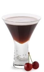 The Cherry Macaroon Martini is a brown cocktail made from chocolate cherry liqueur, coconut rum and club soda, and served in a chilled cocktail glass.