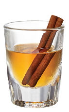 The Chilled Cinnaster is an orange drink made from Tuaca Cinnaster vanilla cinnamon liqueur, and served in a chilled shot glass with a cinnamon stick.