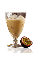 The Citrus Passion is a cream colored drink made from Amarula cream liqueur, Cointreau orange liqueur, passion fruit and cream, and served over ice in a parfait glass.