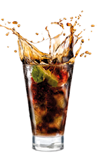 The Cola Danger drink is made from Malibu Red, Coca-Cola and lime, and served over ice in a highball glass.