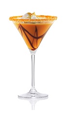 The Cottontail is an orange cocktail made from Patron tequila, carrot juice, half & half, chocolate syrup and whipped cream, and served in a sugar-rimmed cocktail glass.