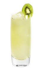 The Cucumber Coconut Palm is made from Effen cucumber vodka, coconut water, kiwi, lemon juice and simple syrup, and served over ice in a highball glass.