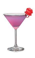 The Cupid's Cup is a pink purple drink made from Hpnotiq Harmonie, citrus vodka, Cointreau and lime juice, and served in a chilled cocktail glass.