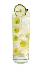 The Cuzco Fizz is a clear colored drink made from Pisco, St-Germain elderflower liqueur, grapes, lime juice and club soda, and served over ice in a collins glass.