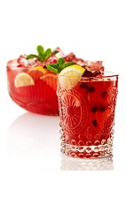 The Damascan Punch is a red colored punch made from Beefeater gin, pomegranate juice, lemon juice, simple syrup, bitter lemon and bitters, and served over ice in a rocks glass. Recipe serves 2.