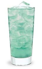 The Desert Island is a turquoise colored drink made from cactus flavored schnapps, Pucker Island Punch schnapps and club soda, and served over ice in a highball glass.