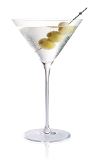 The Dirty Gold Martini is made from Stoli Gold vodka and olive juice, and served in a chilled cocktail glass garnished with olives.
