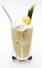 The Disaronno Cocoban is the perfect summer cocktail. A cream colored drink made from Disaronno, colada mix, vanilla ice cream, banana and whipped cream, and served in a highball glass.