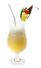 The Disaronno Colada is a yellow colored drink made from Disaronno liqueur, colada mix and crushed ice, and served in a chilled hurricane glass.