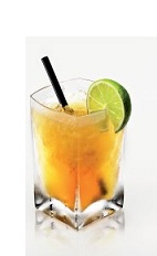 The Disaronno fizz is a refreshing orange drink made from Disaronno, sweet & sour mix and club soda, and served over ice with lime in a rocks glass.