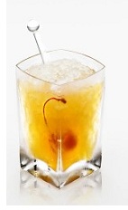 The Disaronno Frostbite is an orange drink made from Disaronno and sweet & sour mix, and served over ice with a cherry in a rocks glass.