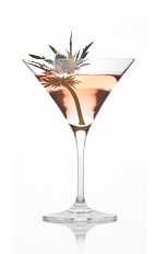 The Don't Thistle My Pink cocktail recipe is a savory cocktail made from Caorunn gin, Glenlivet Scotch whiskey, raspberry gomme and rosemary, and served in a chilled cocktail glass.
